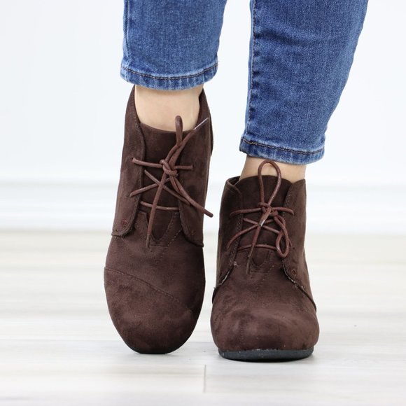 Brown Ankle Boots Wedge Heel Faux Suede Round Toe Lace Up - Picture 8 of 12